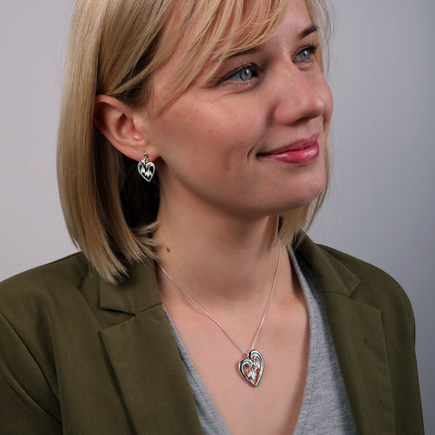Snowdrop Sterling Silver Heart Drop Earrings in Leaf Enamel by Sheila Fleet Jewellery