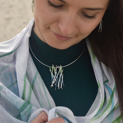 Wild Grasses Moonstone & CZ Occasion Necklace in Meadow Enamel by Sheila Fleet Jewellery