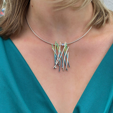 Wild Grasses Moonstone & CZ Occasion Necklace in Meadow Enamel by Sheila Fleet Jewellery