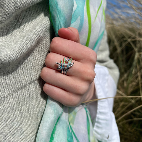 Wild Grasses Moonstone & CZ Ring in Meadow Enamel by Sheila Fleet Jewellery